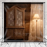Aperturee Aperturee Rustic Cabin Interior Photography Backdrop Vintage Wood Armoire and Lace Curtain Moody Farmhouse Studio Prop
